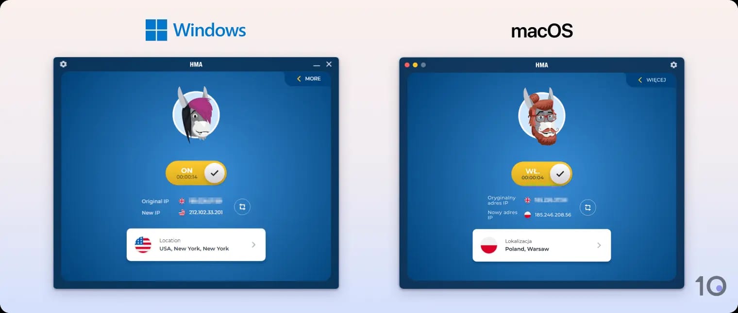 Aplikacje HMA VPN na system Windows i macOS obok siebie