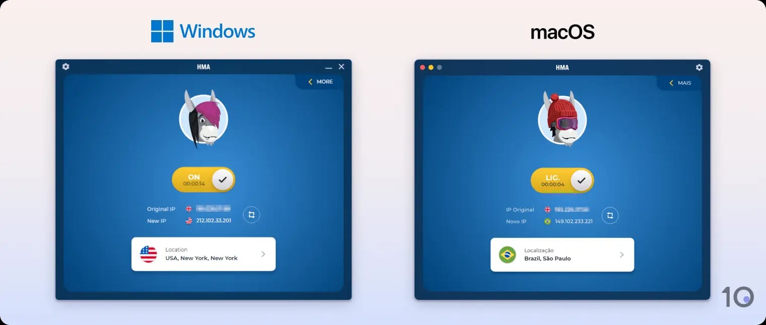 Os aplicativos para Windows e macOS do HMA VPN lado a lado