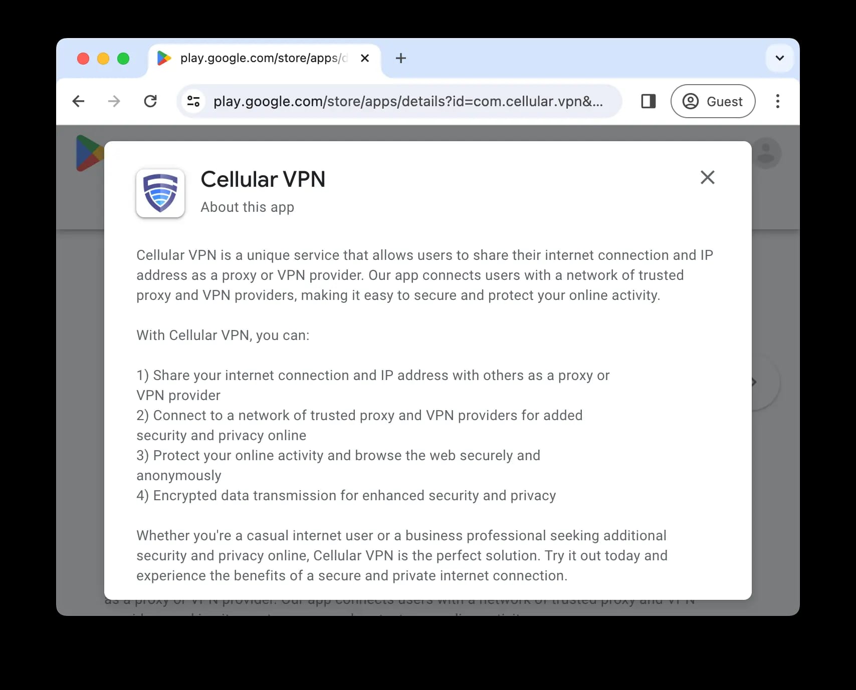 구글 스토어에서의 Cellular VPN 서비스 설명