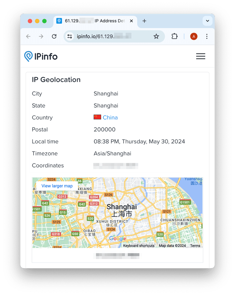 Our IP geolocation in Shanghai, China. 