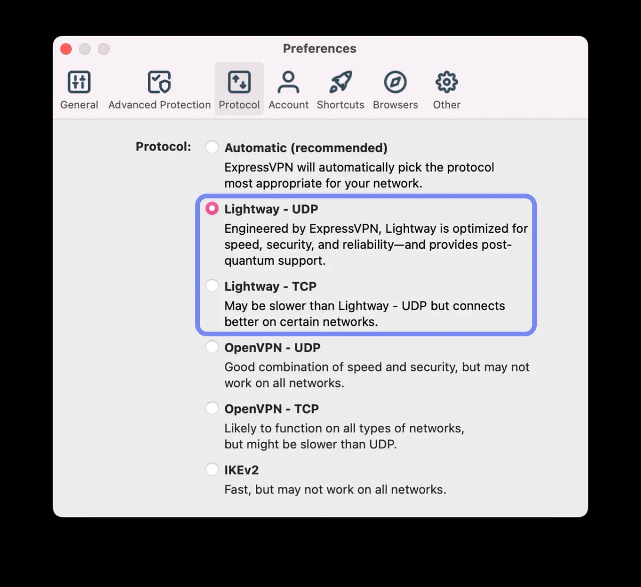 ExpressVPNs Liste der Protokolloptionen