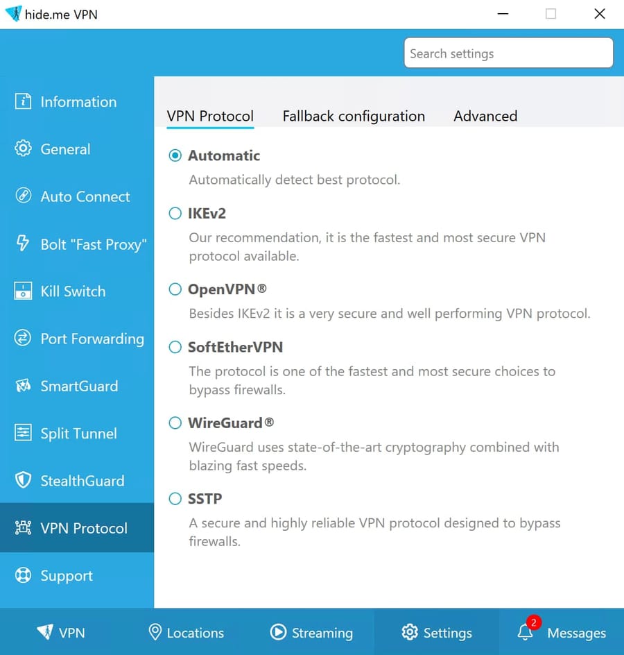 Seleção de protocolo nas configurações do aplicativo para Windows da Hide.me