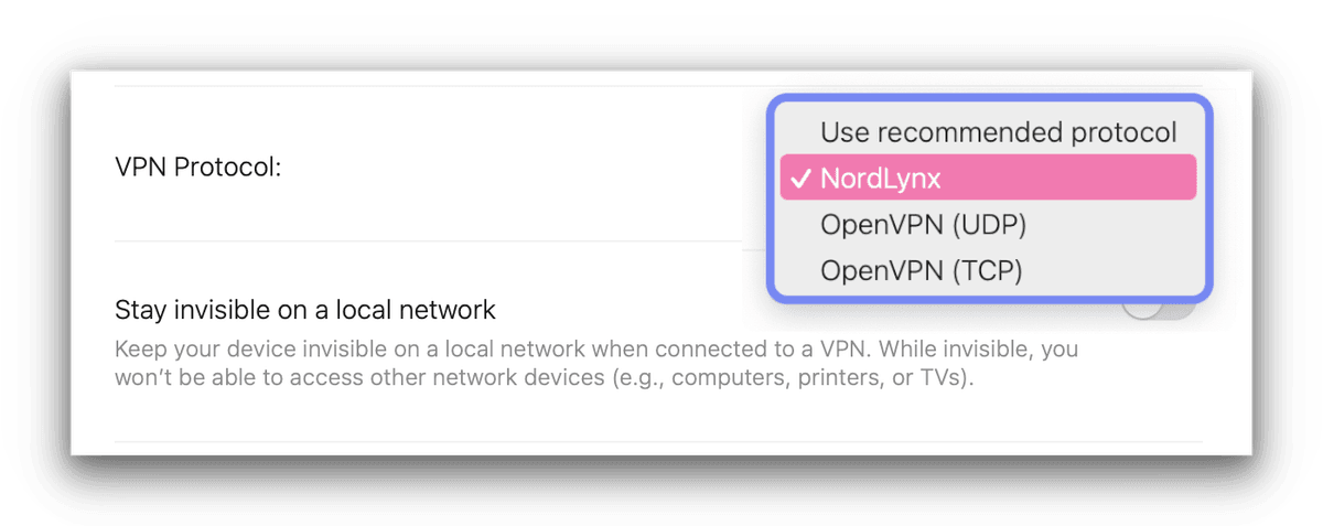 Screenshot dell'elenco dei protocolli di NordVPN su macOS. 