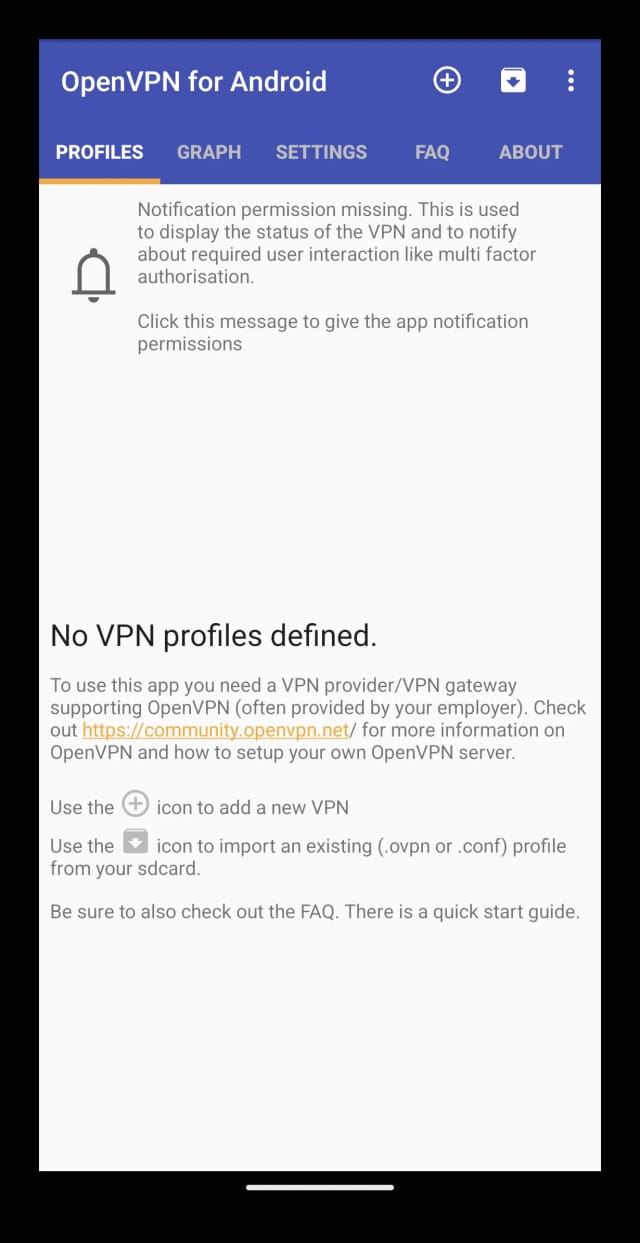 Écran d'accueil OpenVPN pour Android