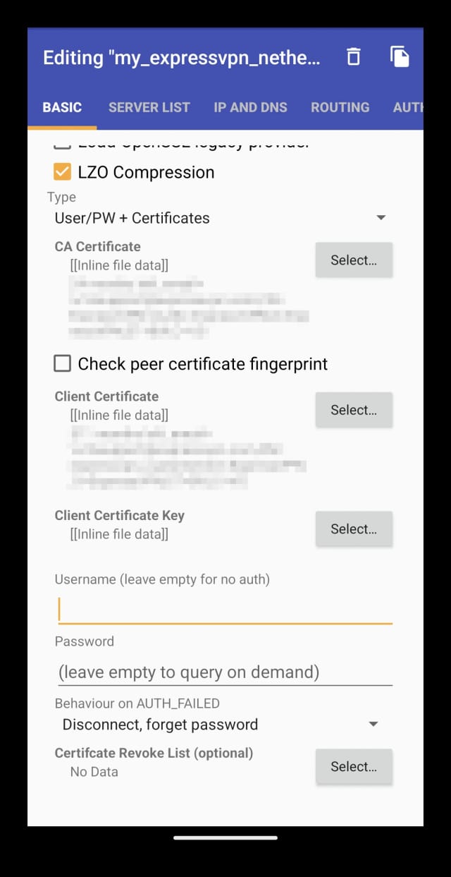 Identifiants de l'utilisateur d'OpenVPN pour Android