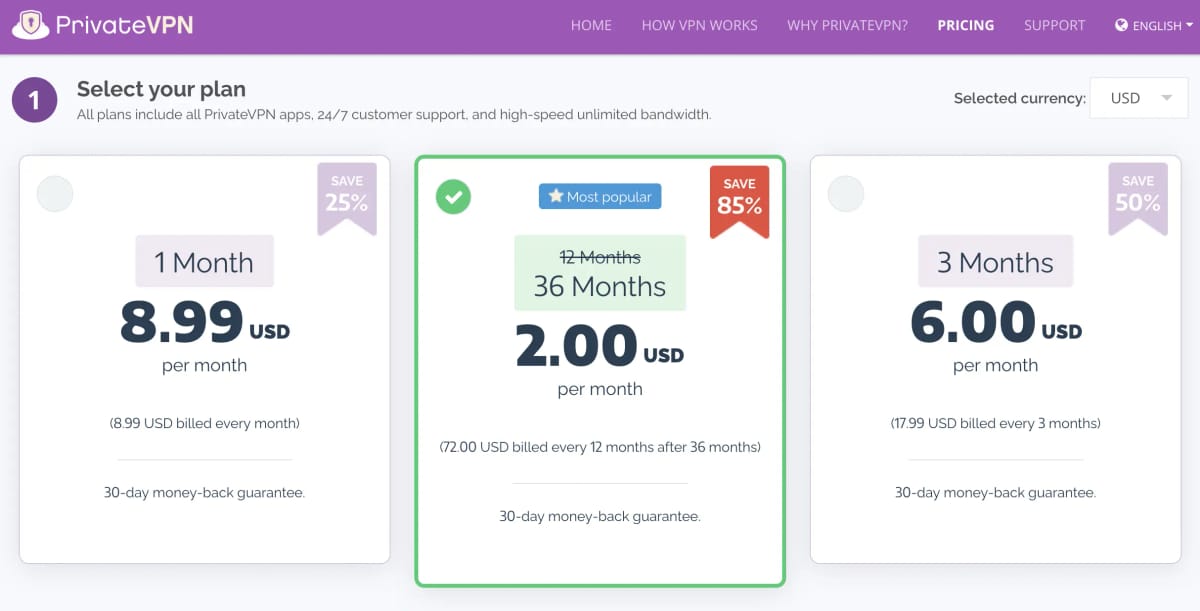 PrivateVPN pricing