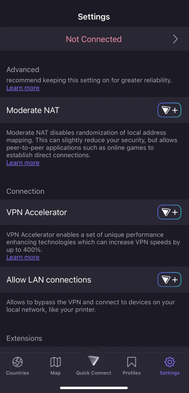 iOS에서의 Proton VPN 무료 버전 설정 화면