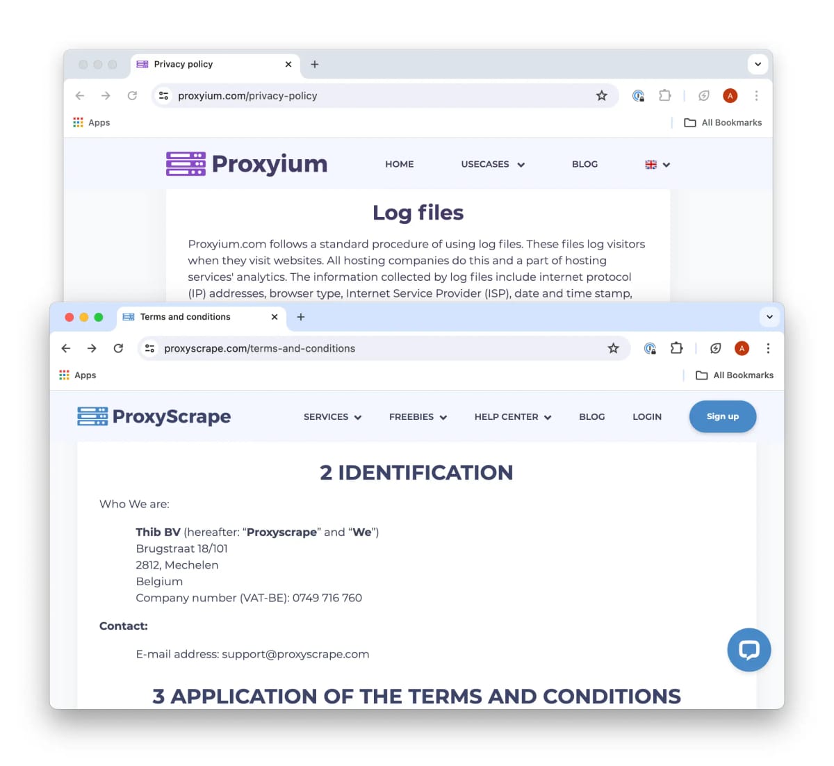 Capture d'écran du site web de Proxyium, qui ne contient aucune information sur l'entreprise, et de Proxyscrape, qui contient des informations sur l'entreprise. 