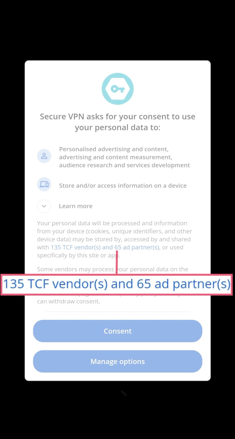 Secure VPN의 데이터 공유 면책조항