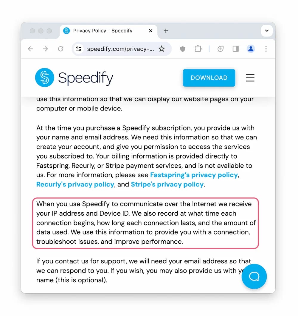 Speedify's logging policy