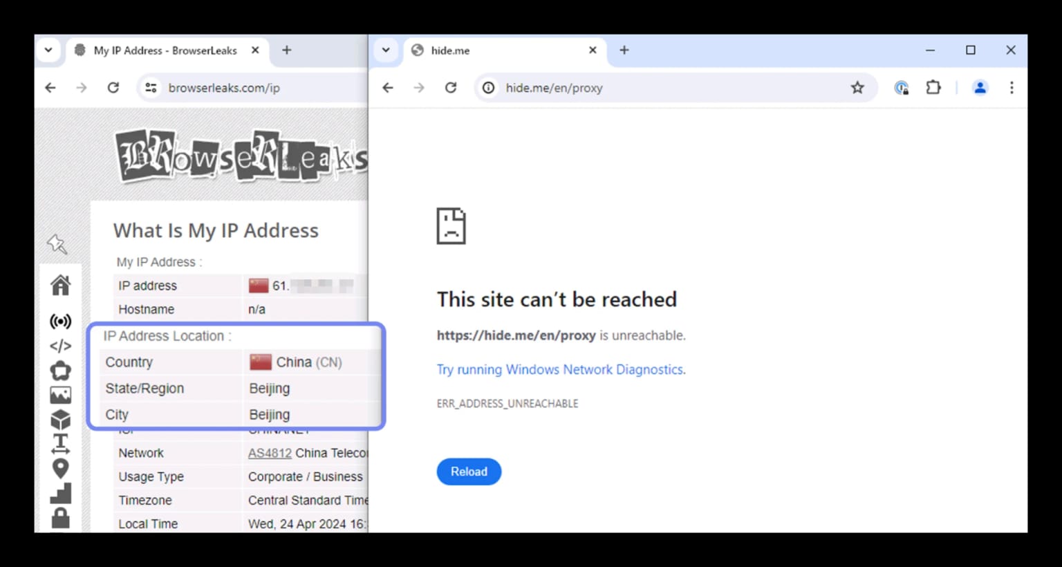 Capture d'écran de BrowserLeaks montrant une adresse IP chinoise et le blocage du proxy Hide.me.