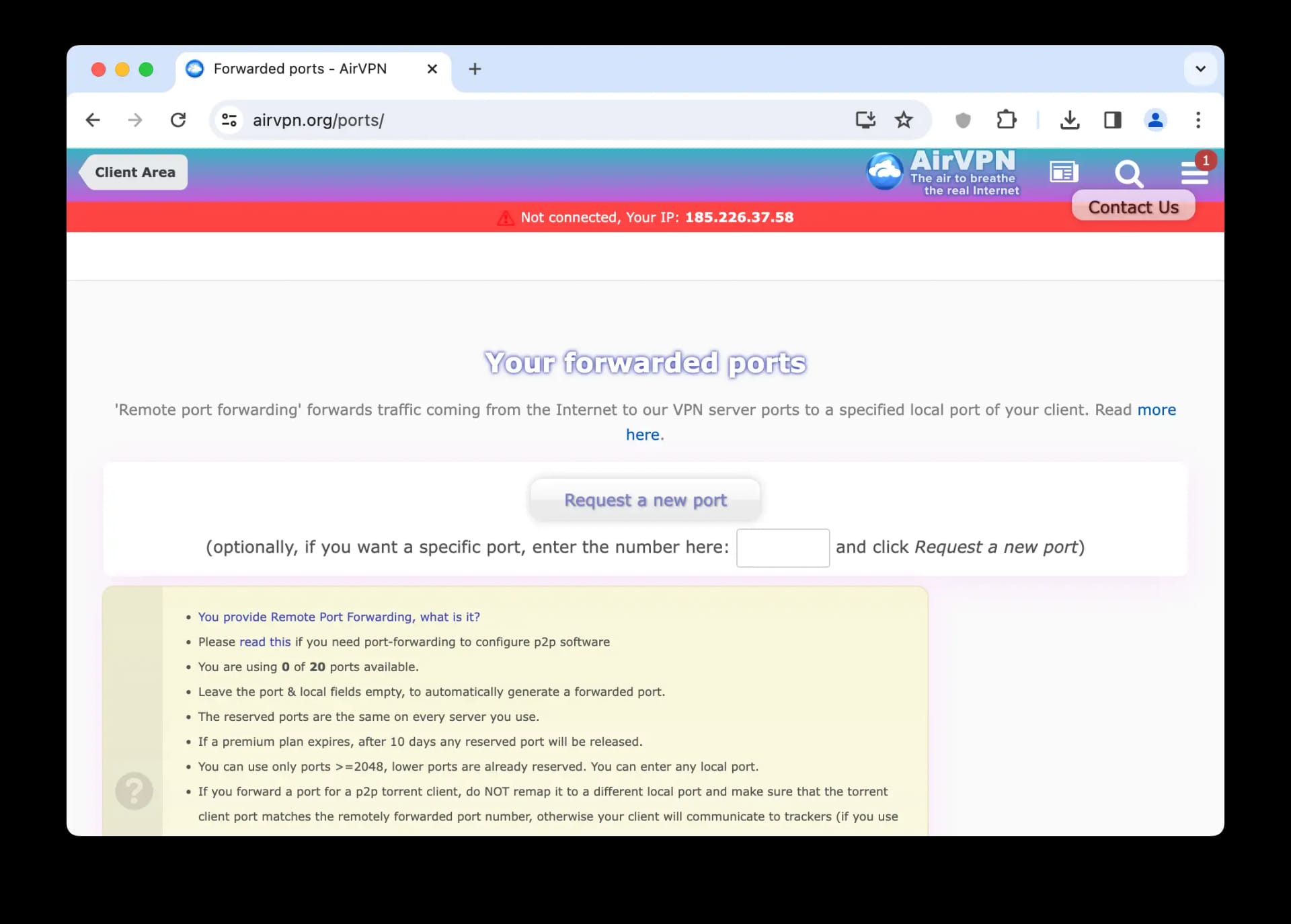 AirVPN port forwarding setup menu