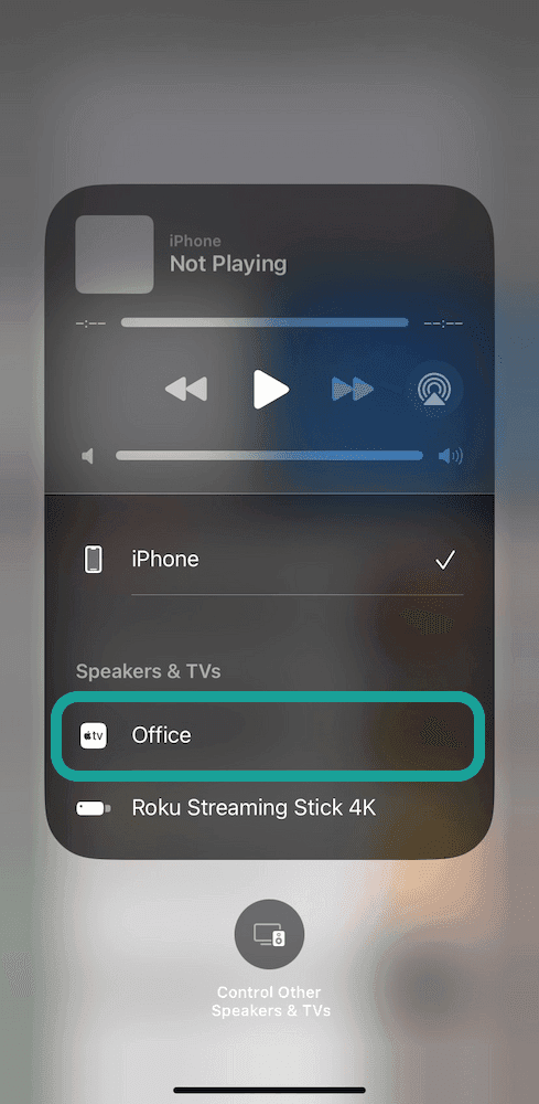 Selecting Apple TV from Control Center AirPlay options