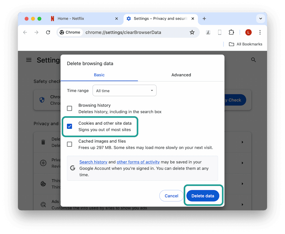 Clearing Netflix's cookies and cache from Chrome