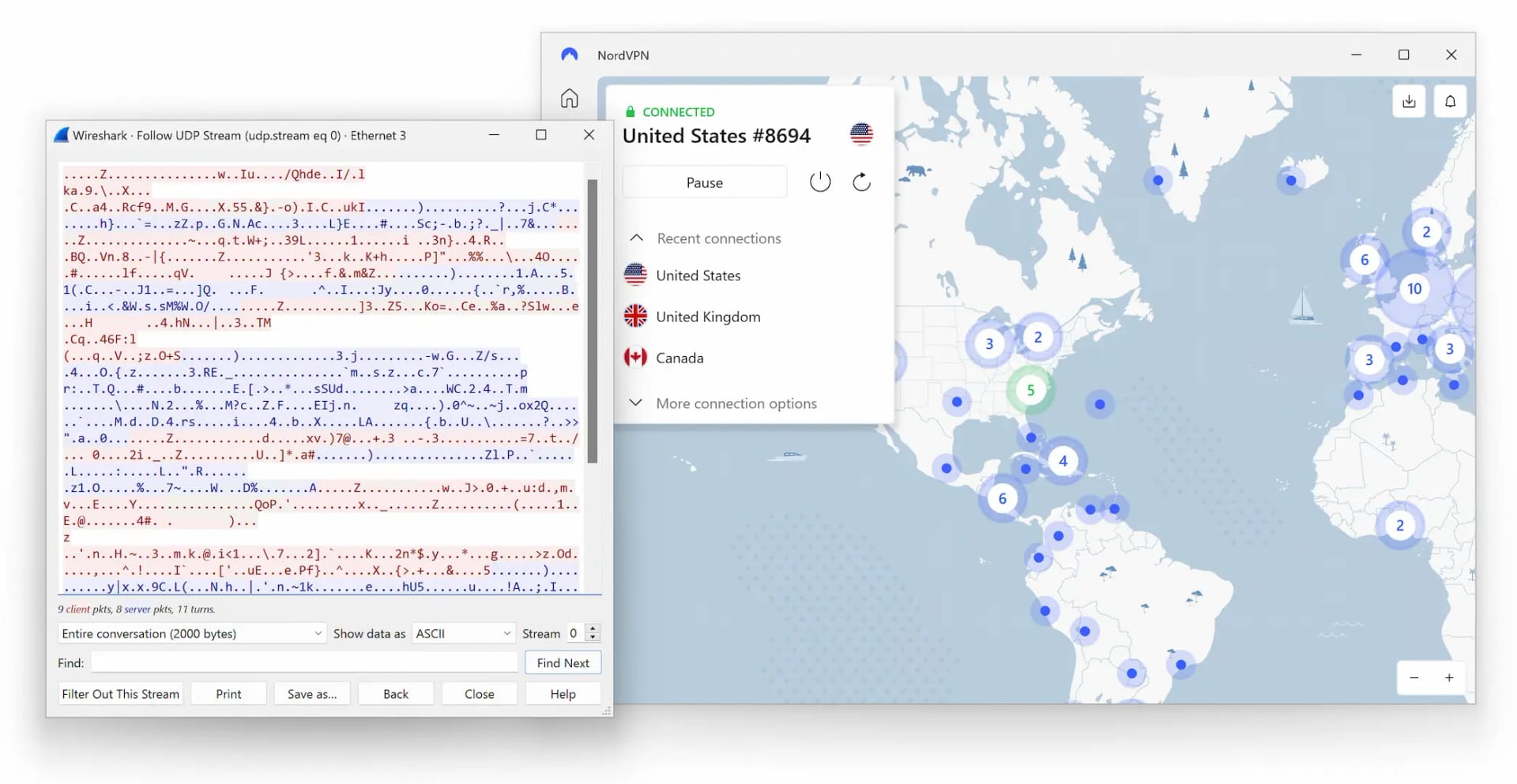 Resultados no Wireshark para a NordVPN no Windows 11