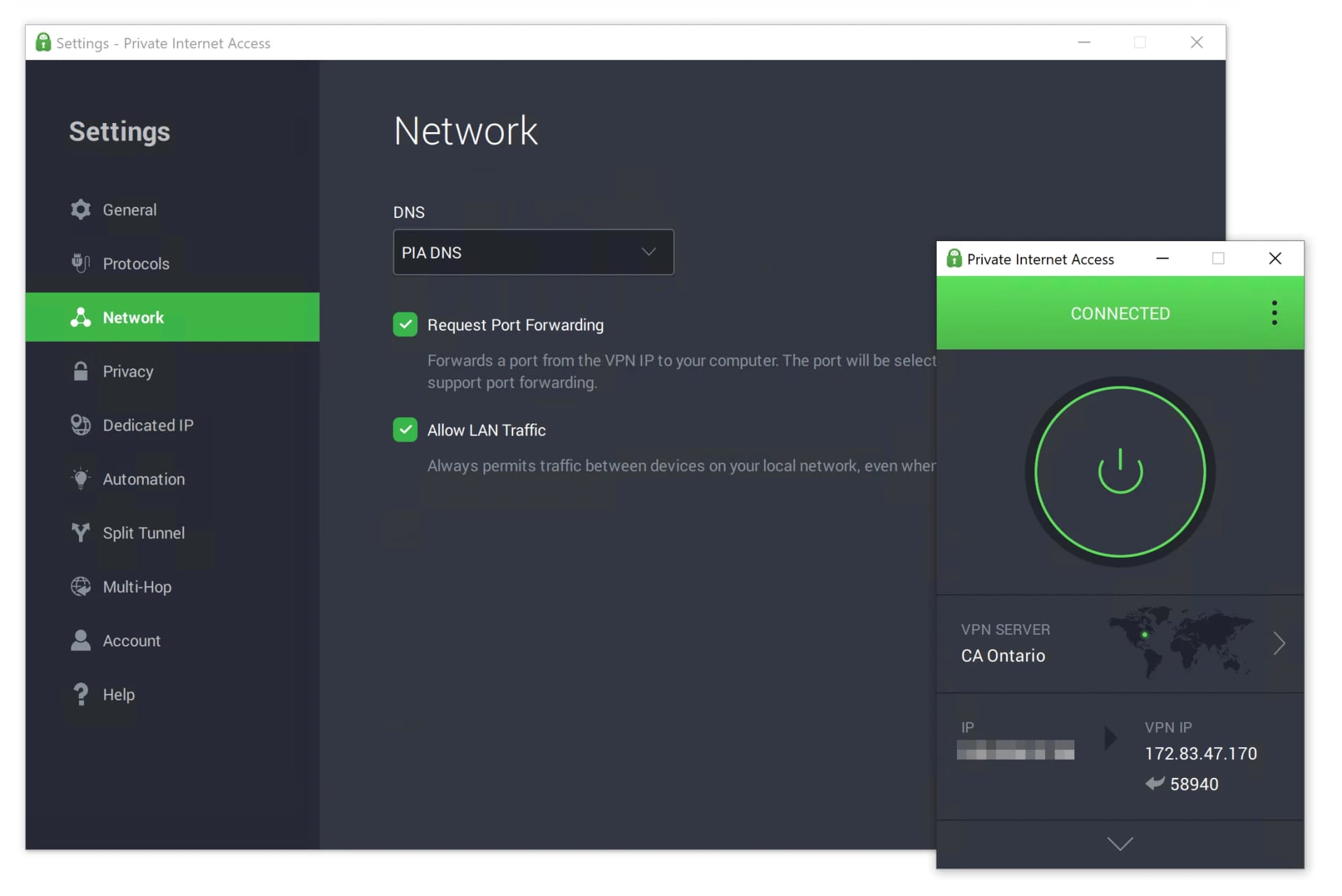 Menu delle impostazioni di Port Forwarding di PIA