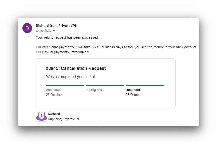 PrivateVPN refund request via email