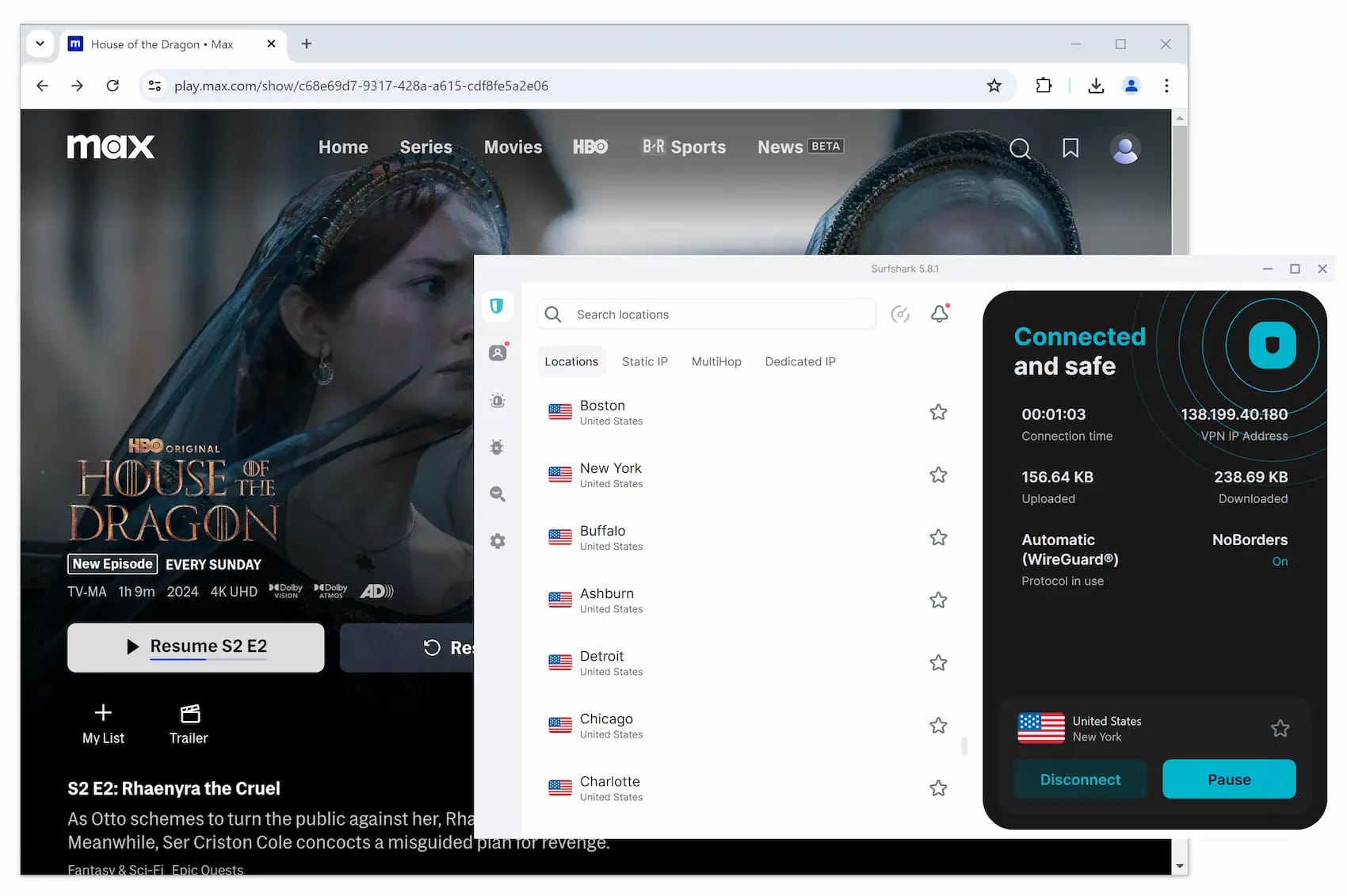 Streaming di House of the Dragon mentre siamo connessi a un server VPN Surfshark statunitense