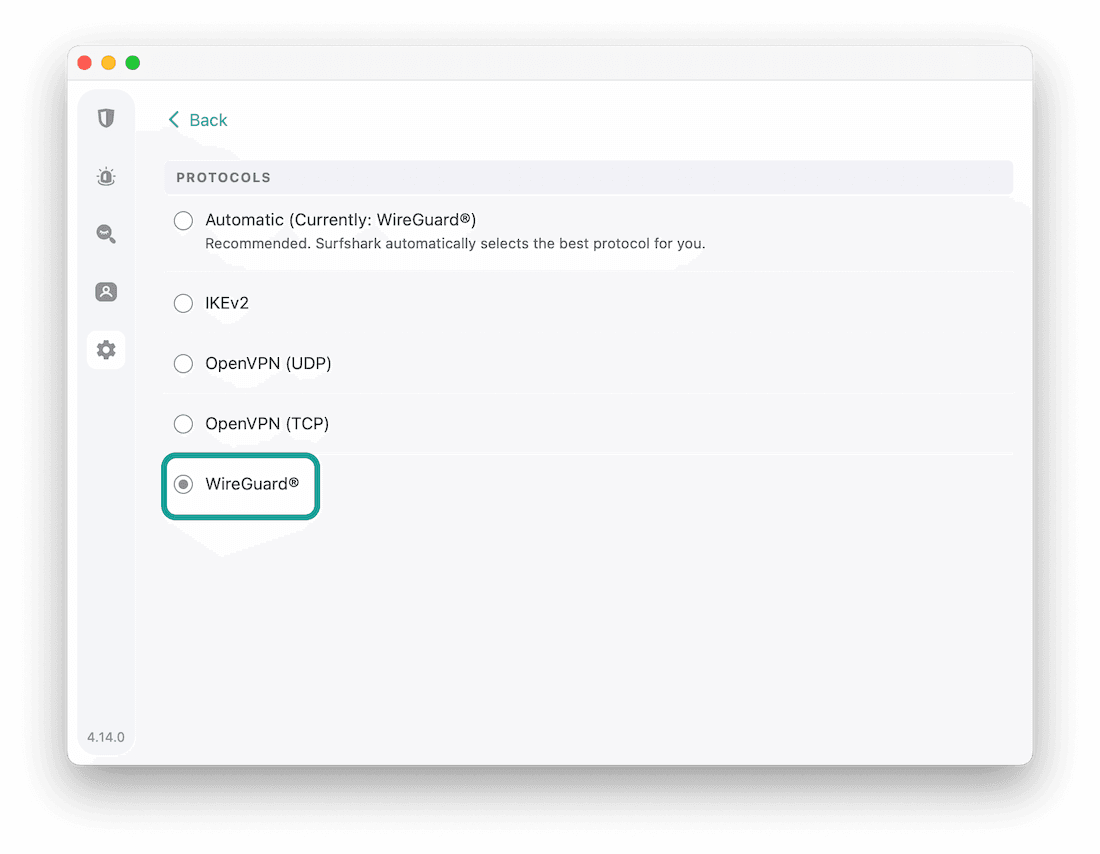 Choosing the WireGuard protocol in Surfshark's app