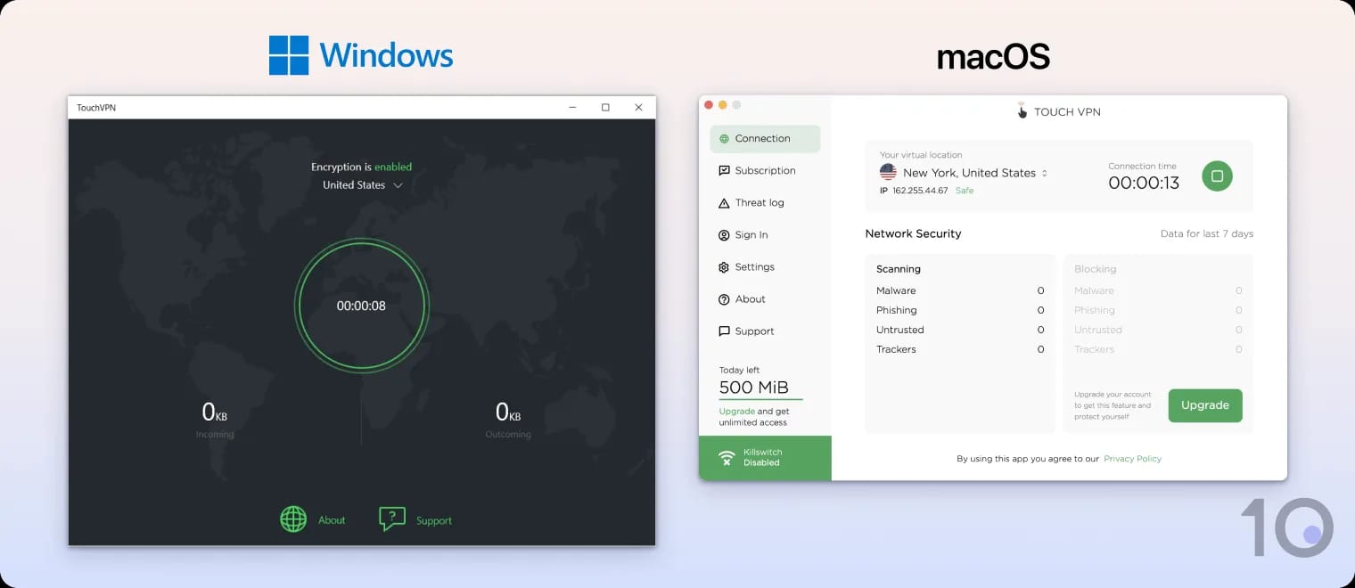 Touch VPN's apps for Windows and macOS