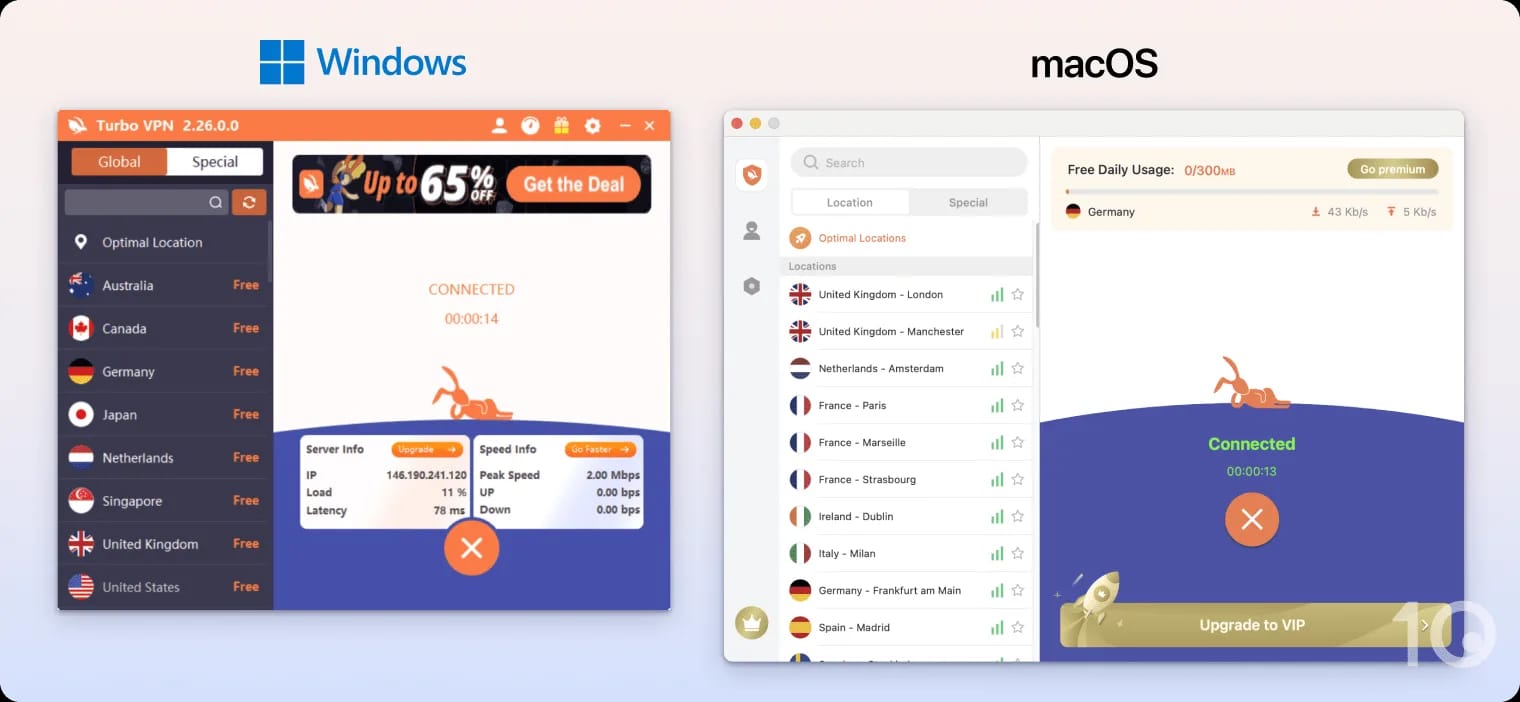 Turbo VPN's apps for Windows and macOS
