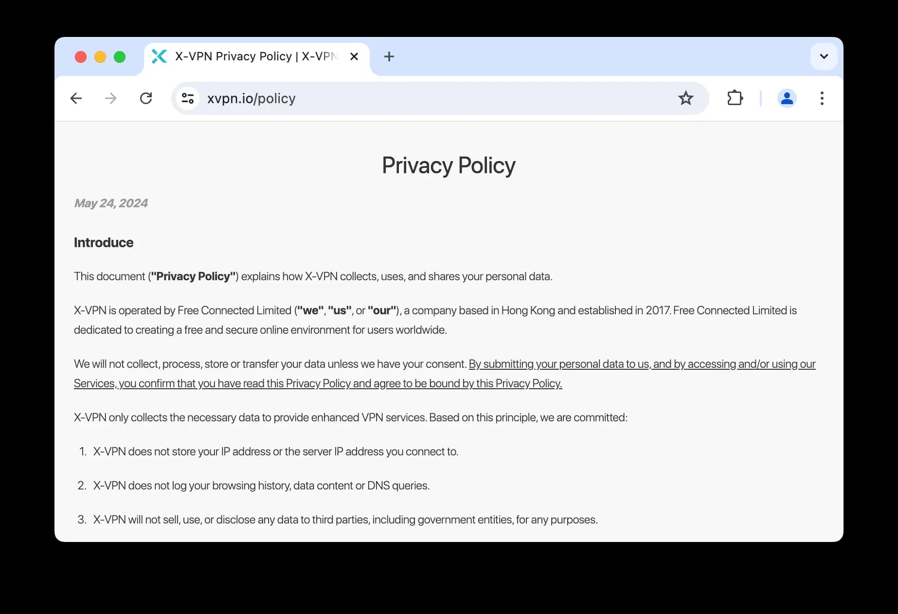 An extract from the beginning of X-VPN's privacy policy