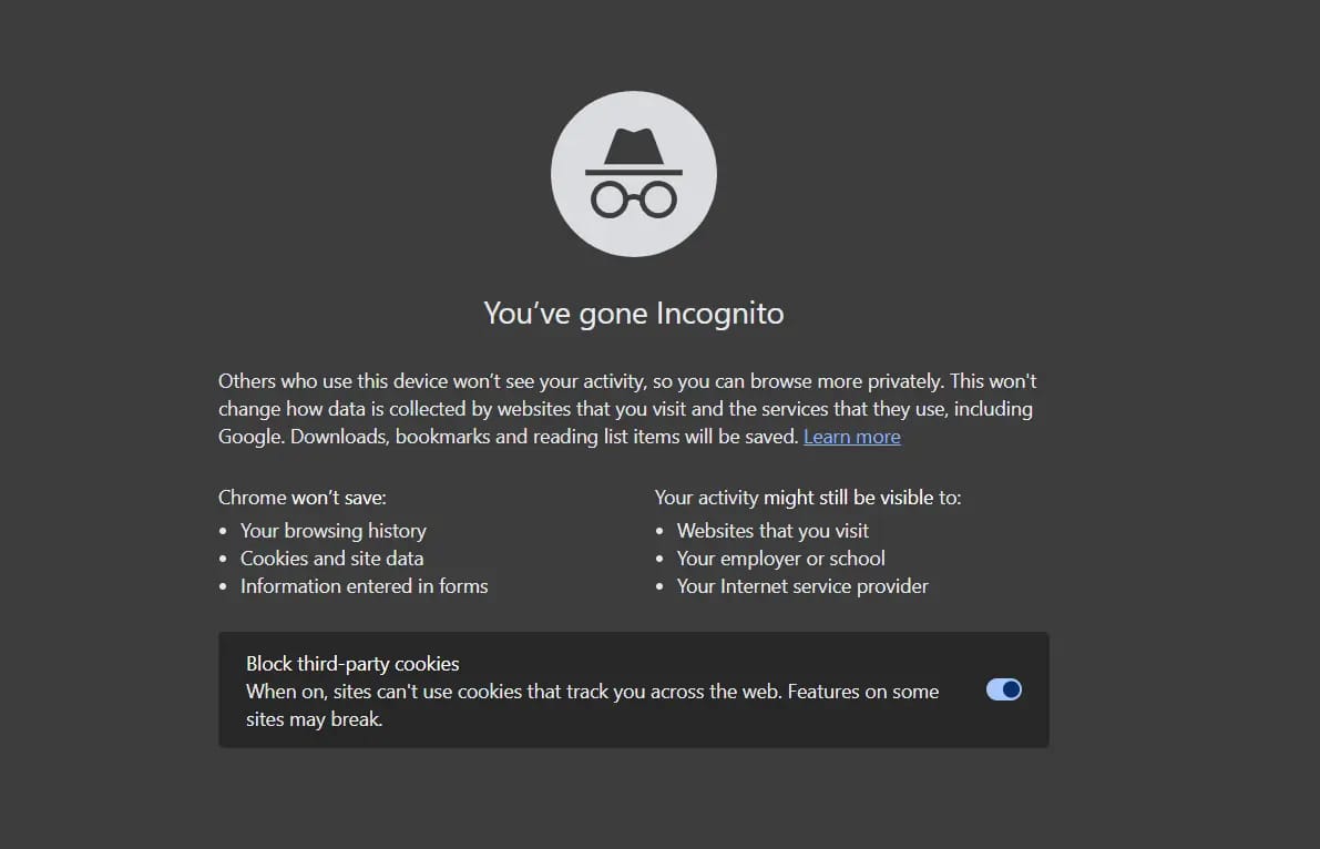 Mensaje de advertencia del modo Incógnito de Google Chrome