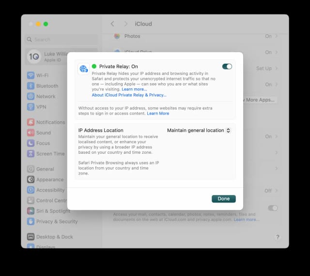 iCloud Private Relay Einstellungsbildschirm auf macOS