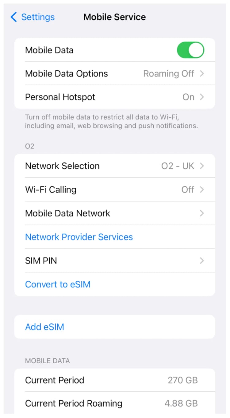 Mobile service setting on iPhone