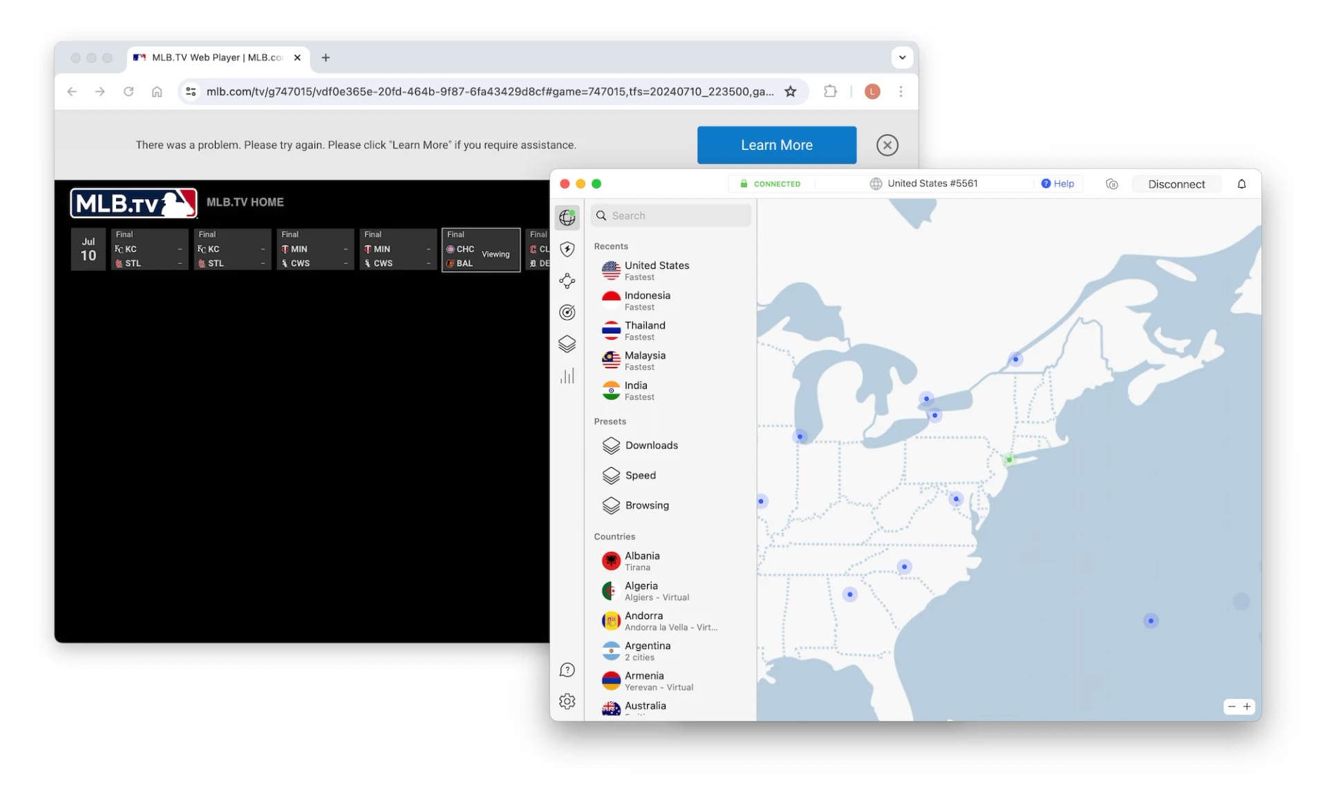 Error message being shown when trying to access MLB.TV while connected to a NordVPN server.