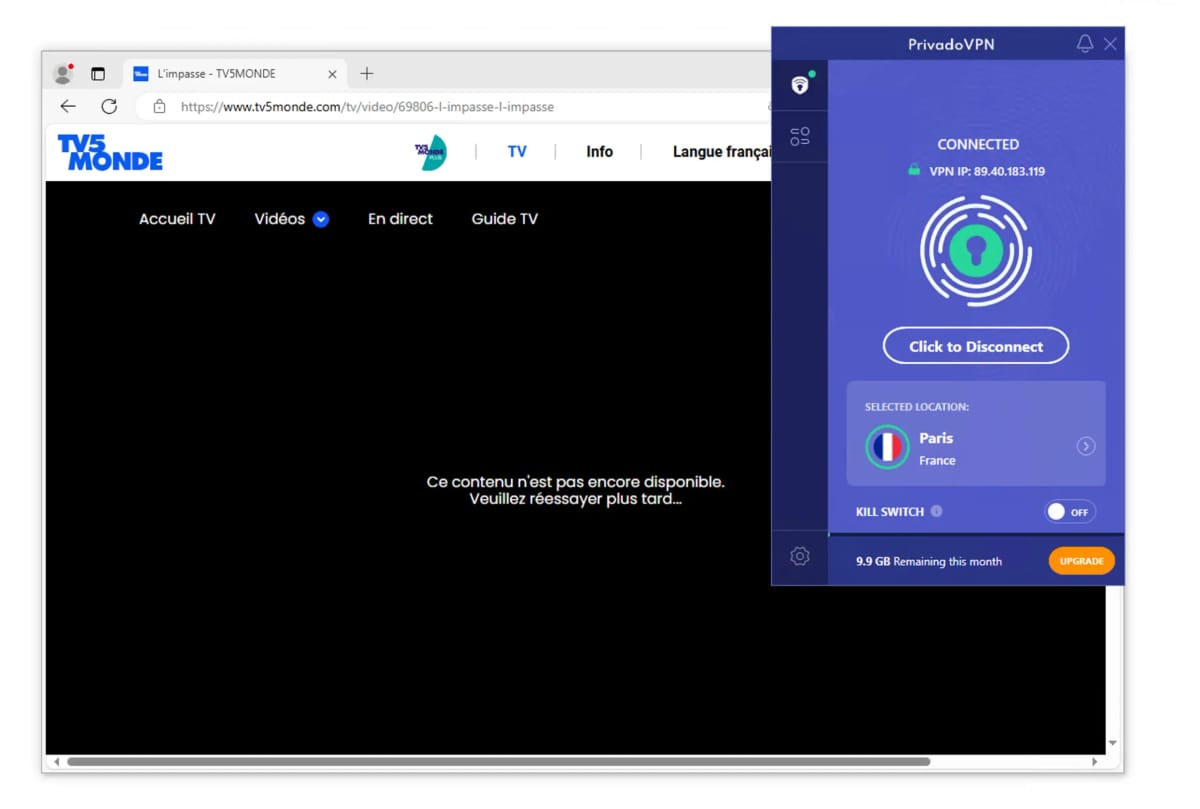 La version gratuite de PrivadoVPN n'a pas réussi à streamer TV5Monde