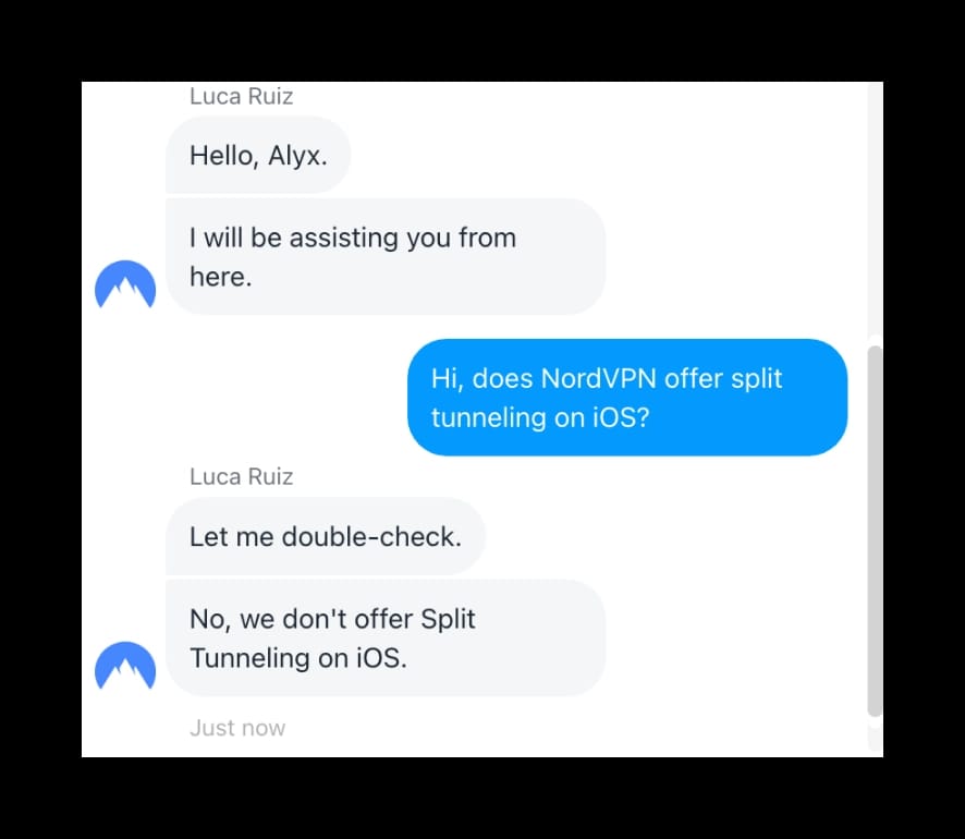 El equipo de soporte de NordVPN nos informa que el servicio no ofrece túnel dividido en iOS