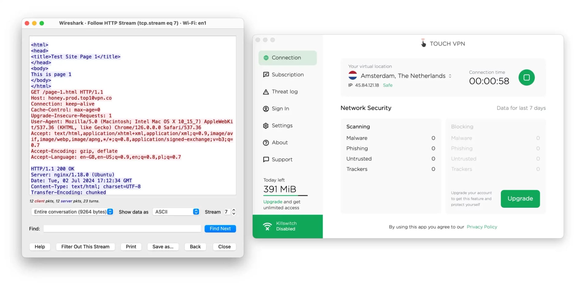 Wireshark showing unencrypted traffic alongside the Touch VPN macOS app.