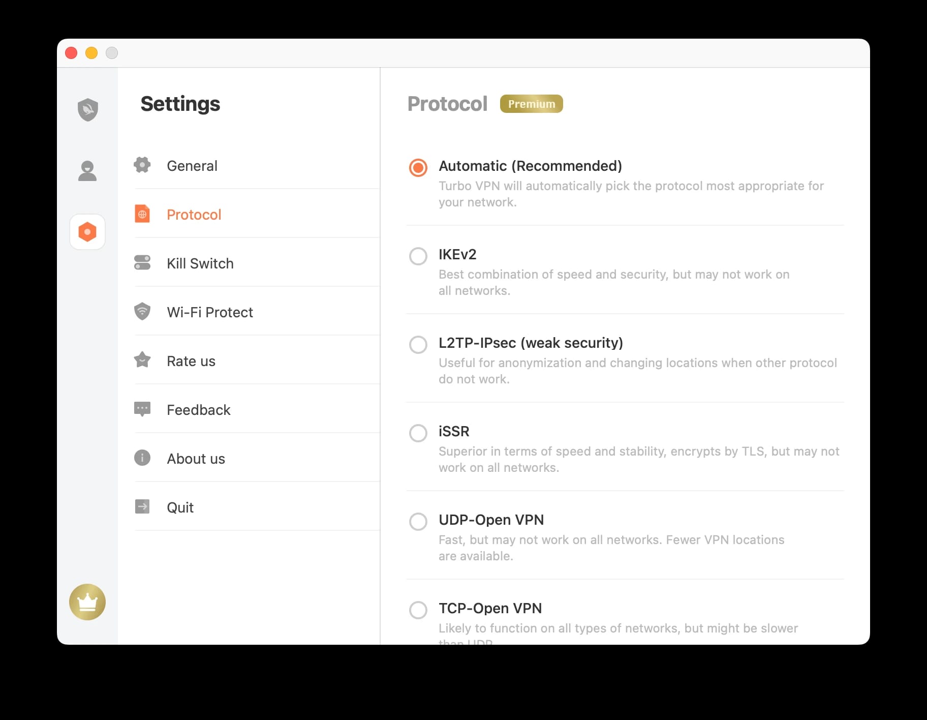 Turbo VPN's choice of protocols on macOS
