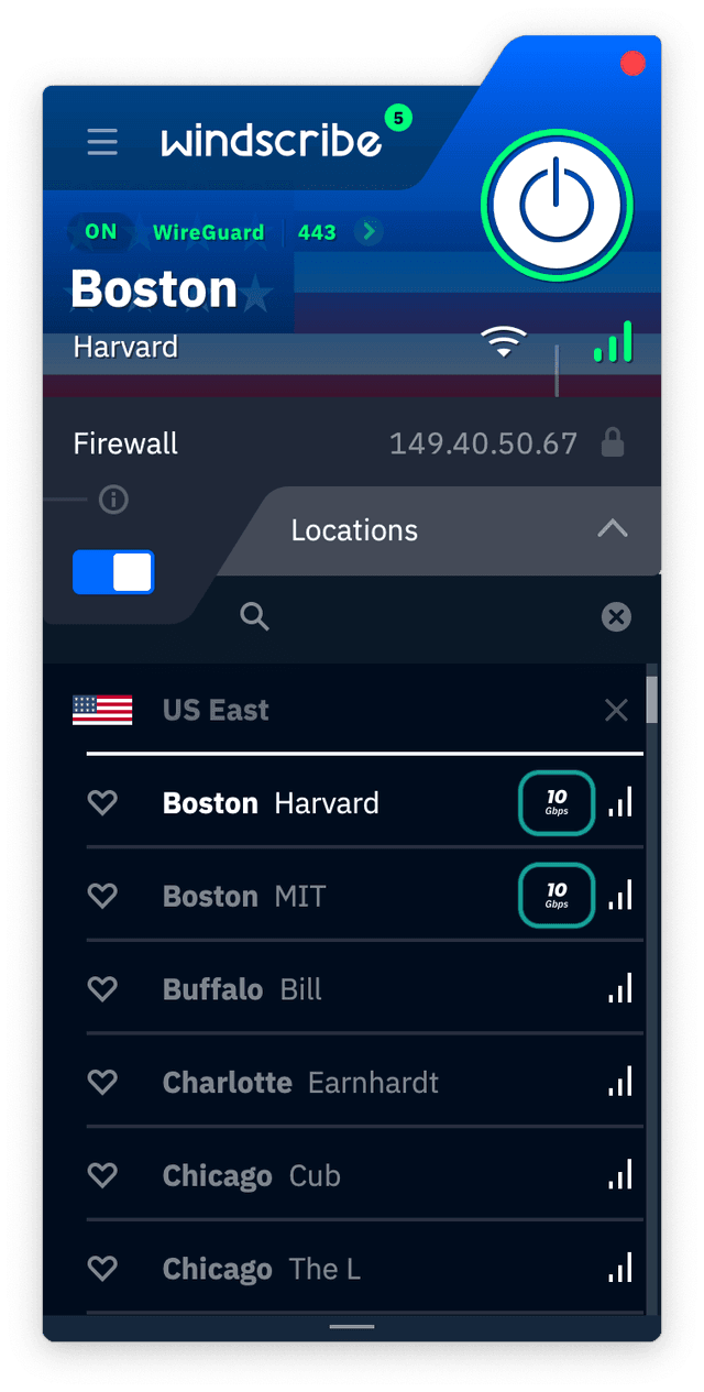 Windscribe app server list, with the icons for its 10Gbps servers highlighted.