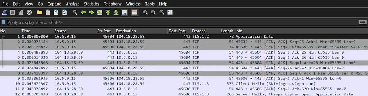 Captura de pantalla de Wireshark que muestra un proceso de negociación de tres pasos estableciendo una conexión TCP.