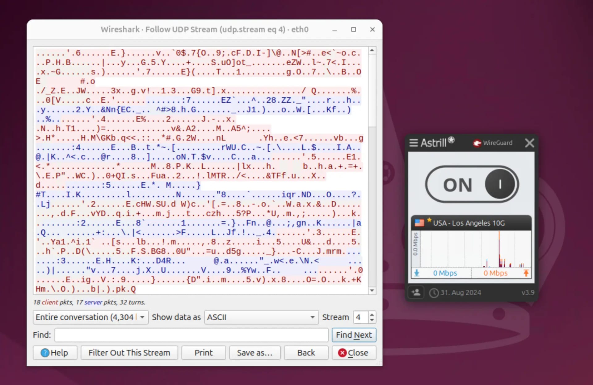 Resultados do Wireshark junto ao cliente Linux da Astrill