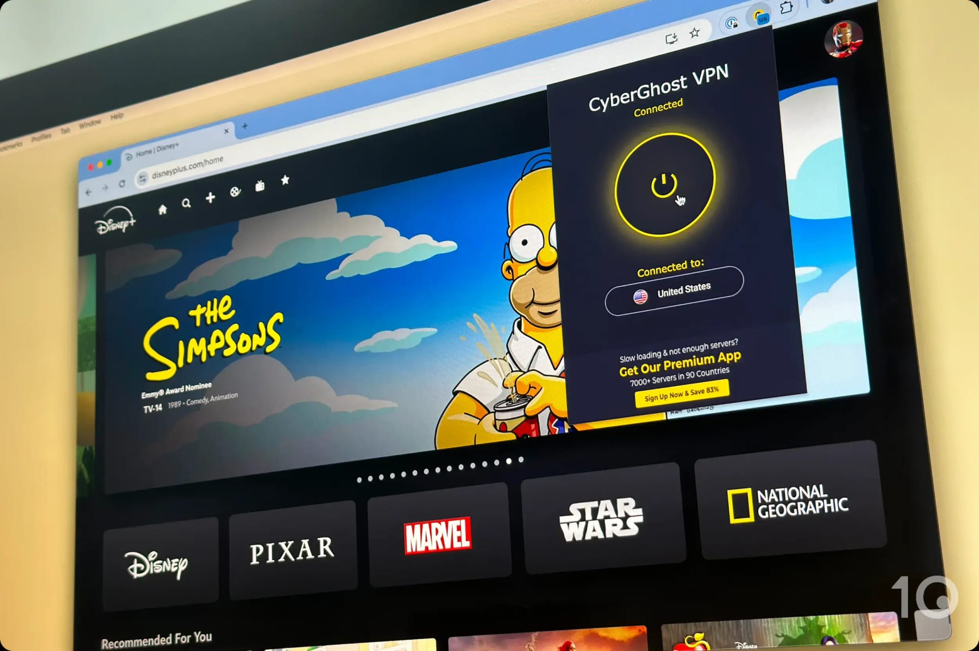 A extensão Chrome do CyberGhost desbloqueando Disney+