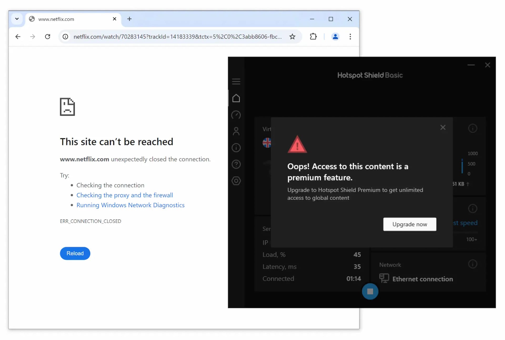 Mensaje de error en Netflix tras conectarnos a un servidor gratuito de Hotspot Shield