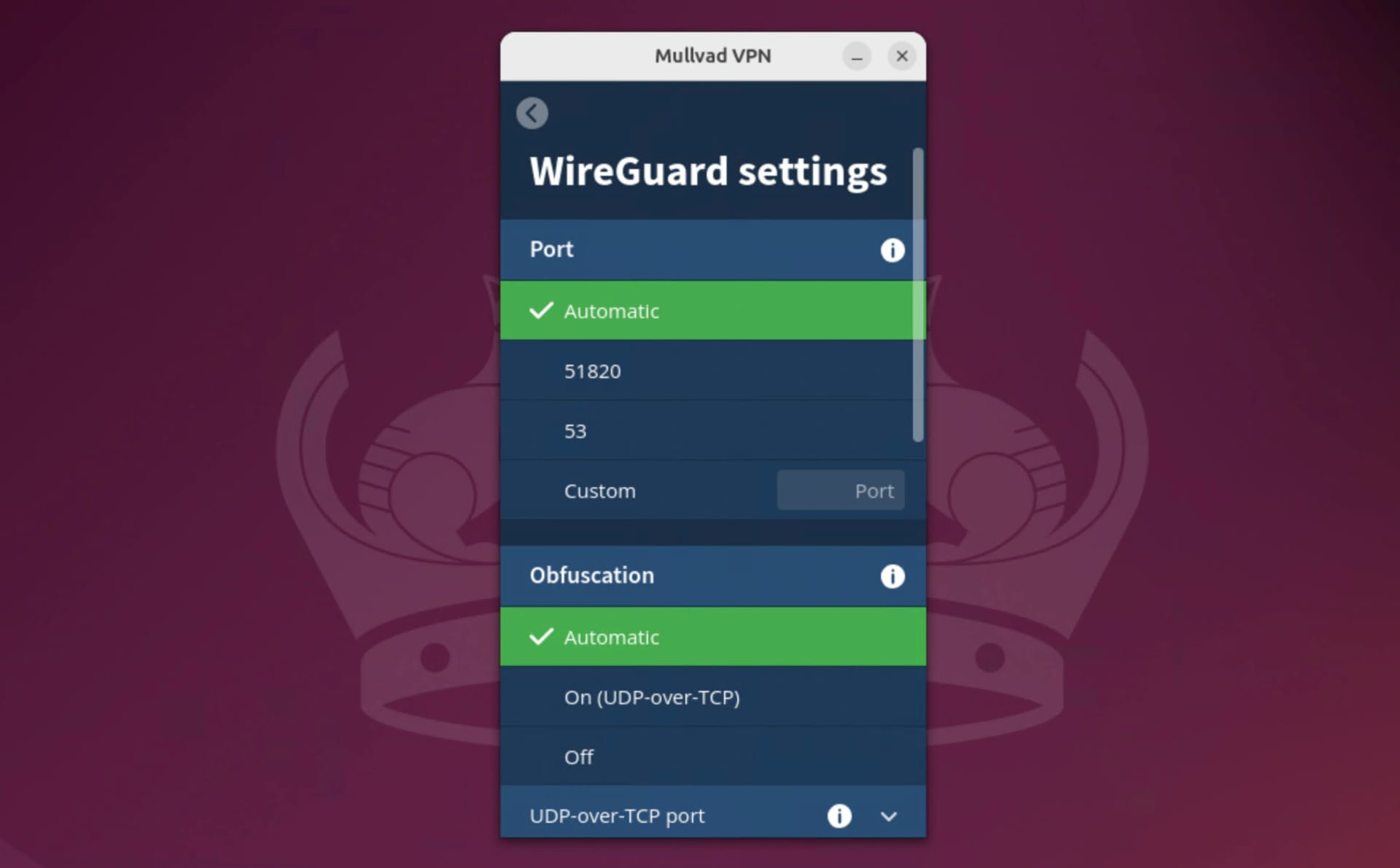 Ajustes avanzados de WireGuard en la aplicación de Mullvad para Linux