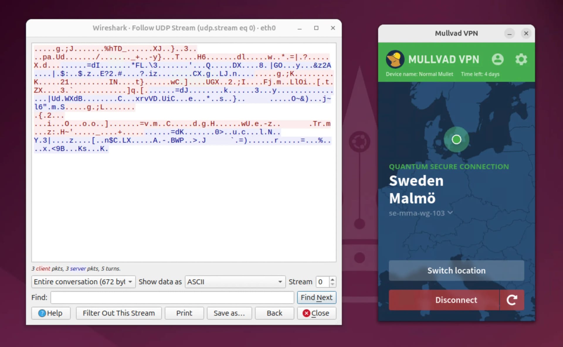 Resultados de Wireshark junto a la aplicación de Mullvad para Linux.