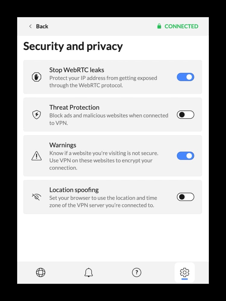 Configurações de segurança da extensão Chrome da NordVPN