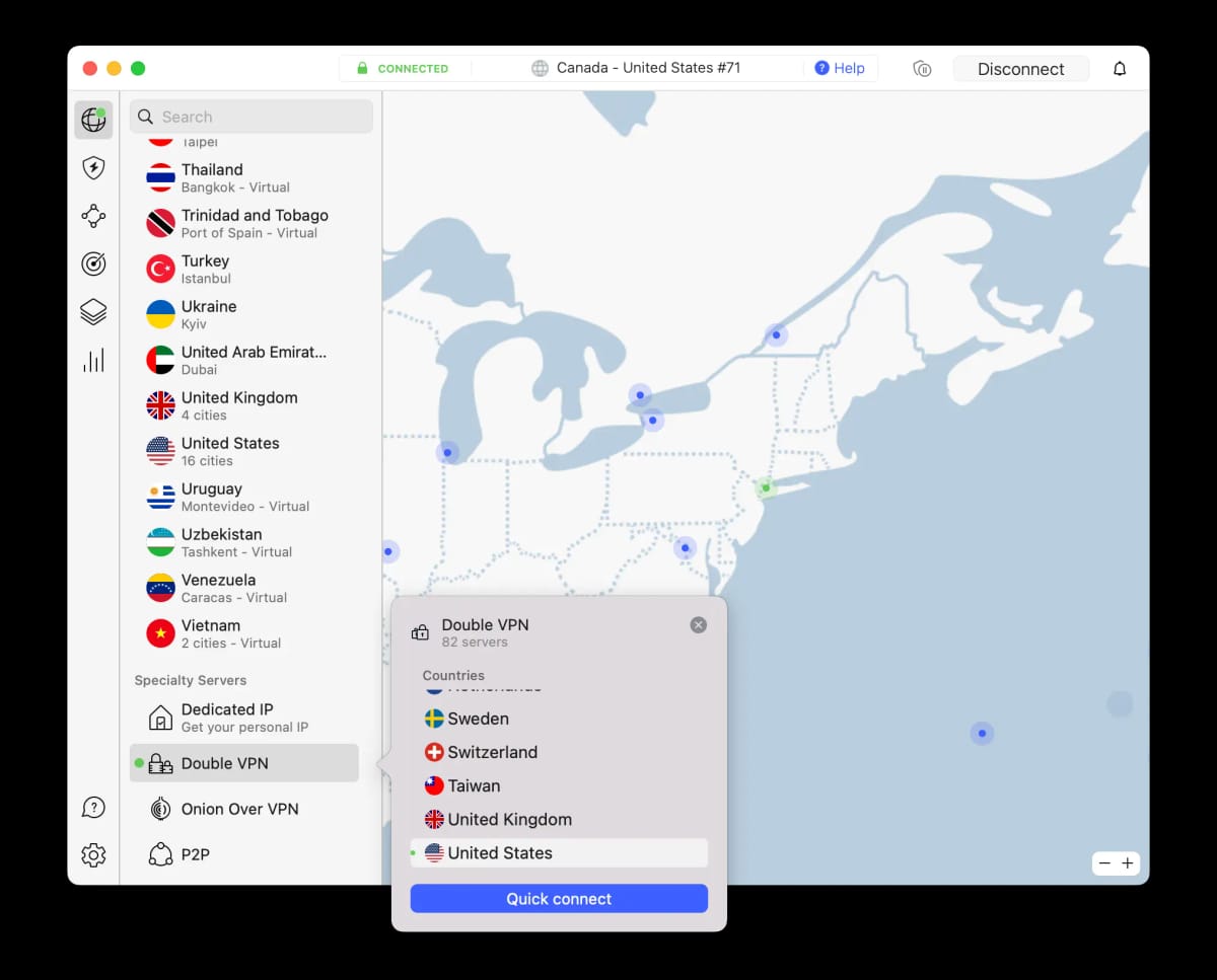 Ubicaciones con servidores Double VPN en NordVPN