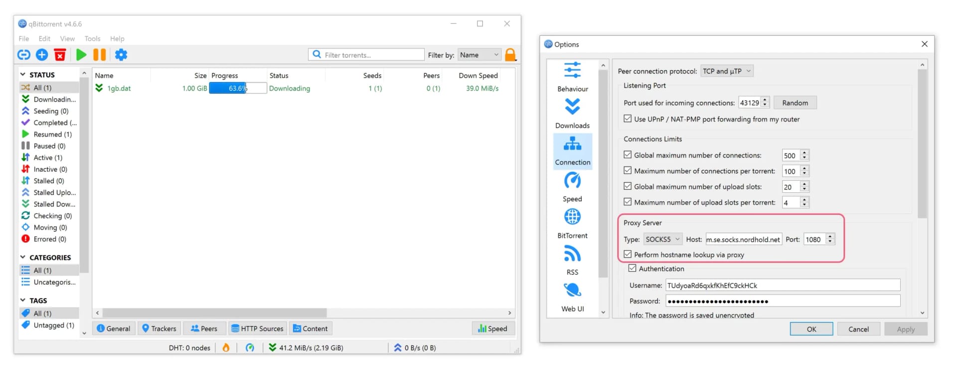 Recording a fast download bitrate with NordVPN's SOCKS5 proxy