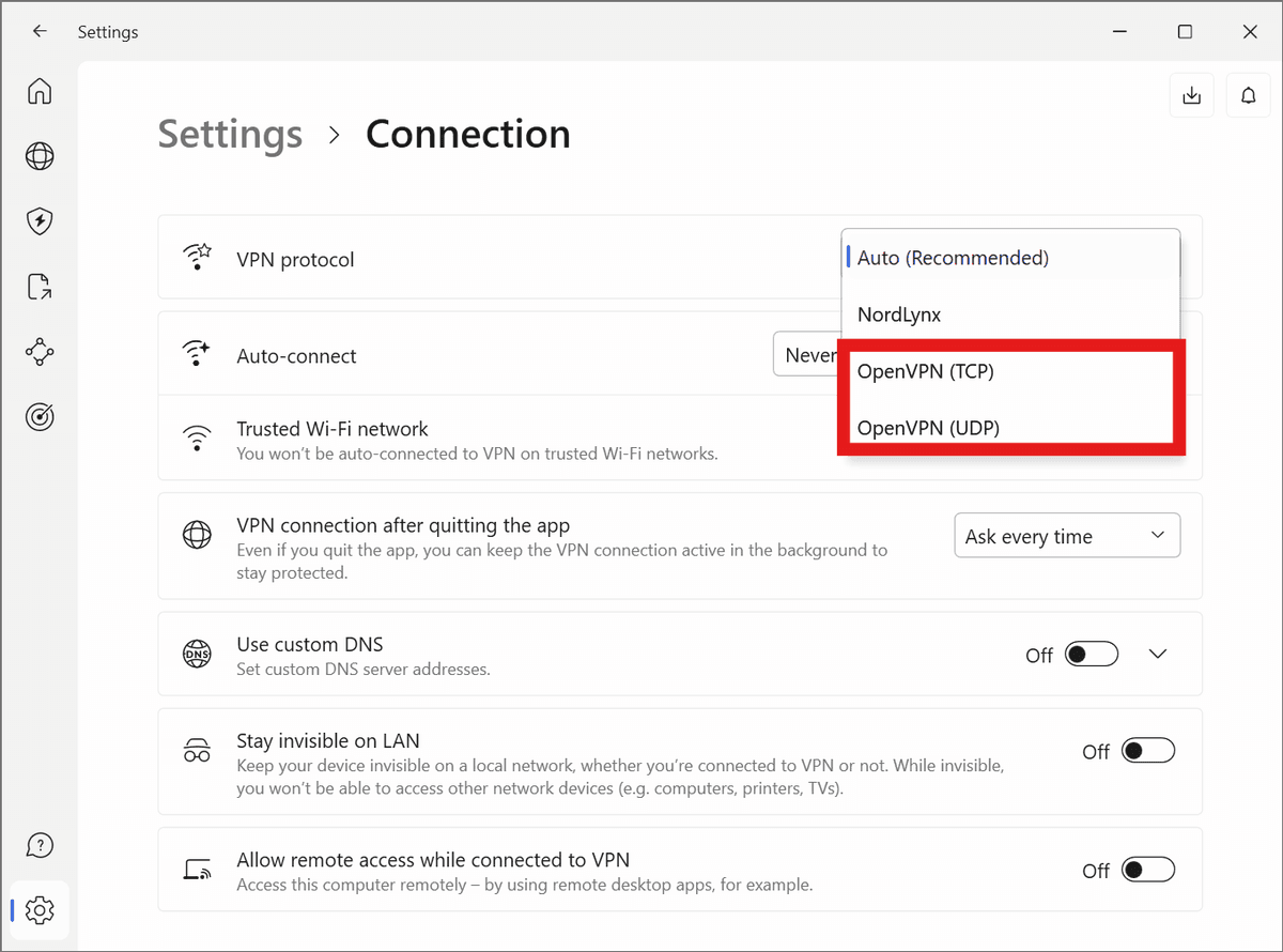 NordVPN's protocol settings