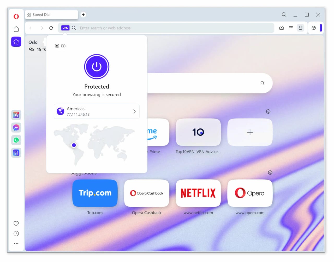 Connected to an Americas server on Opera VPN.