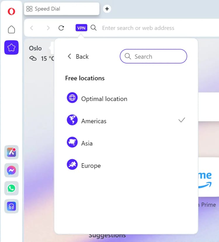 Opera VPN's server location options: Americas, Asia, Europe