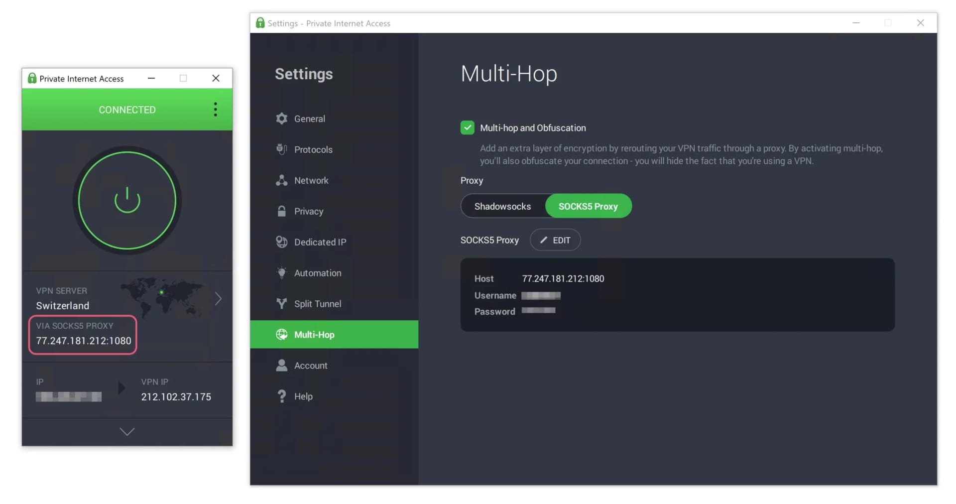 Using PIA's VPN with its SOCKS5 proxy to create a multi-hop connection.