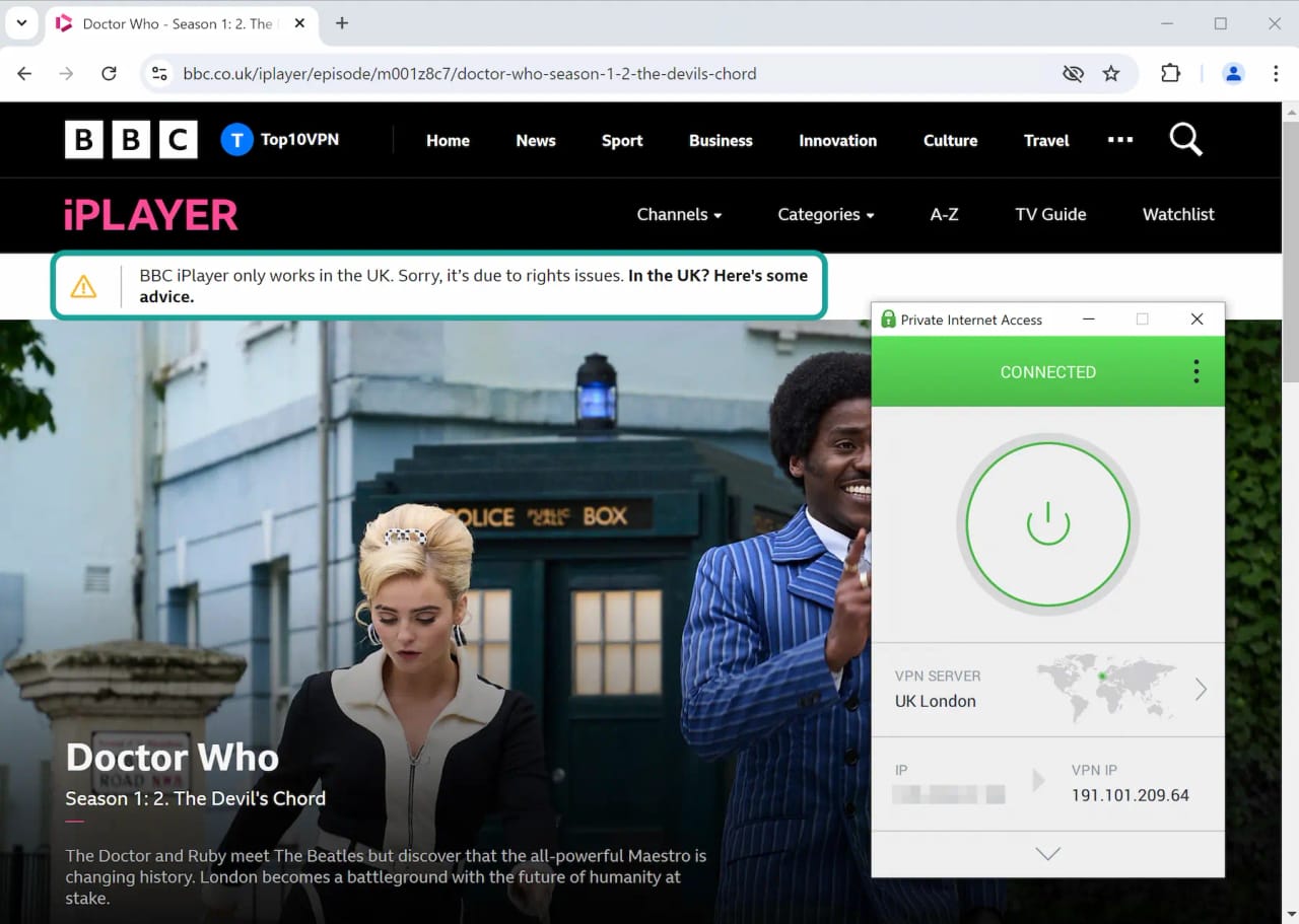 Being blocked from accessing BBC iPlayer while connected to a regular PIA VPN server.