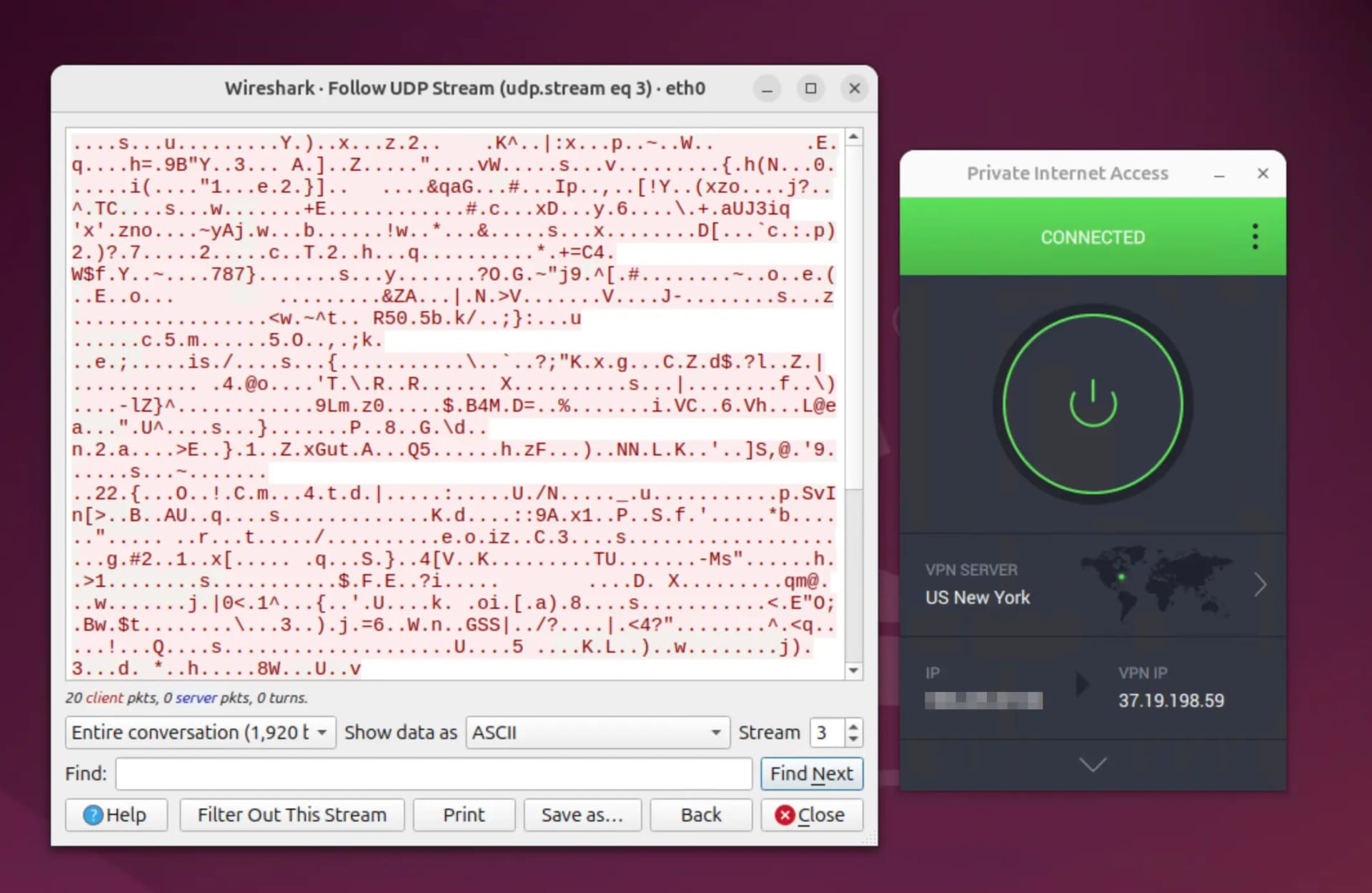 Wireshark results alongside PIA's app